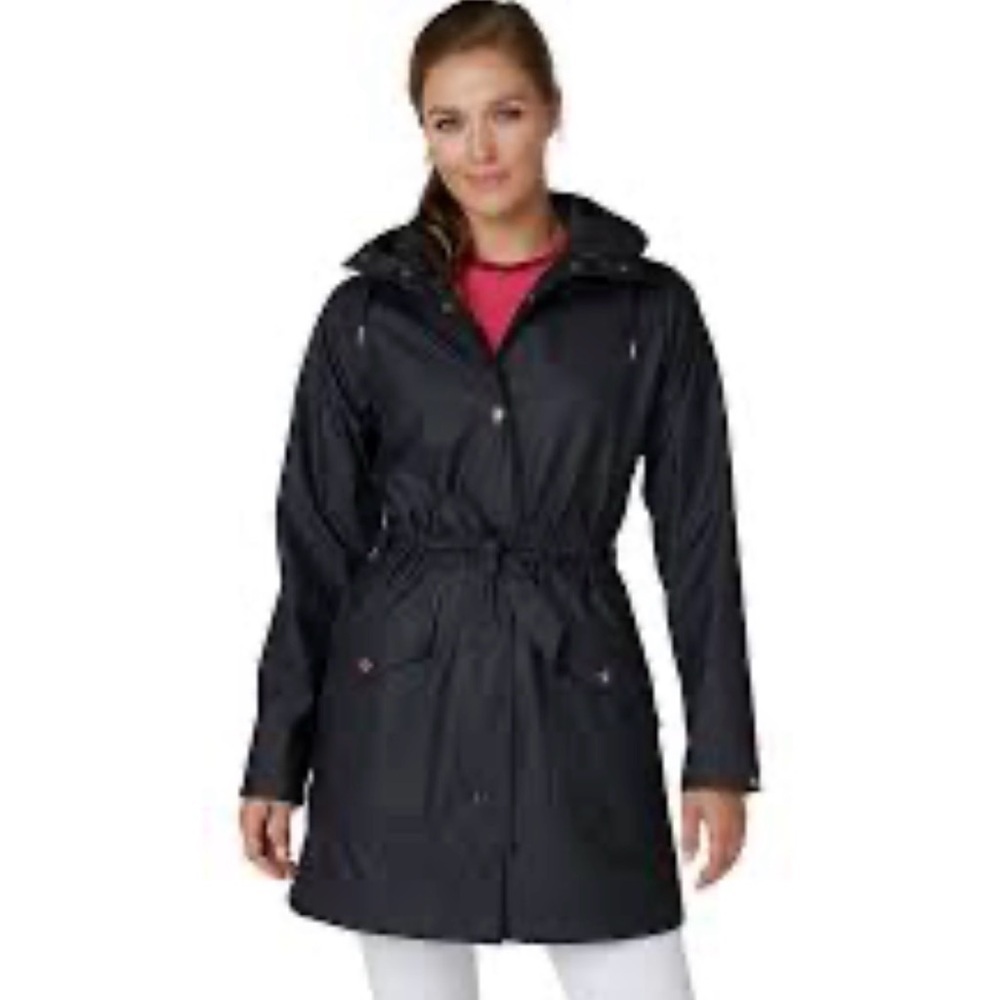 Helly Hansen Sz L Kirkwall Charcoal Grey Trench Coat Hood Patch Pockets Belted